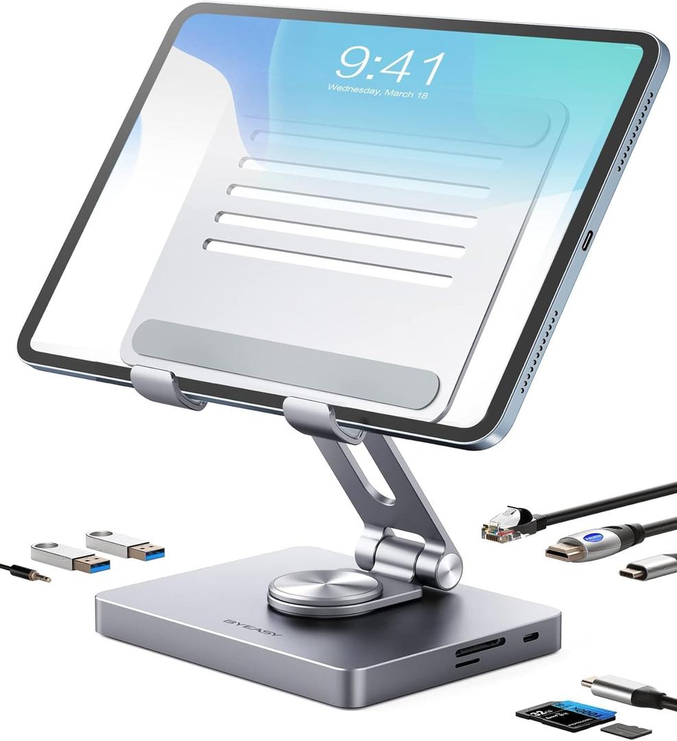 BYEASY iPad Stand, Laptop Docking Station, 8 in 1 iPad USB C Hub, Type-C Tablet Stand with HDMI, 3.5mm Jack, LAN, 100W PD Charging, 2*USB 3.0, SD/ TF Card Reader, for iPad Pro, MacBook Pro.