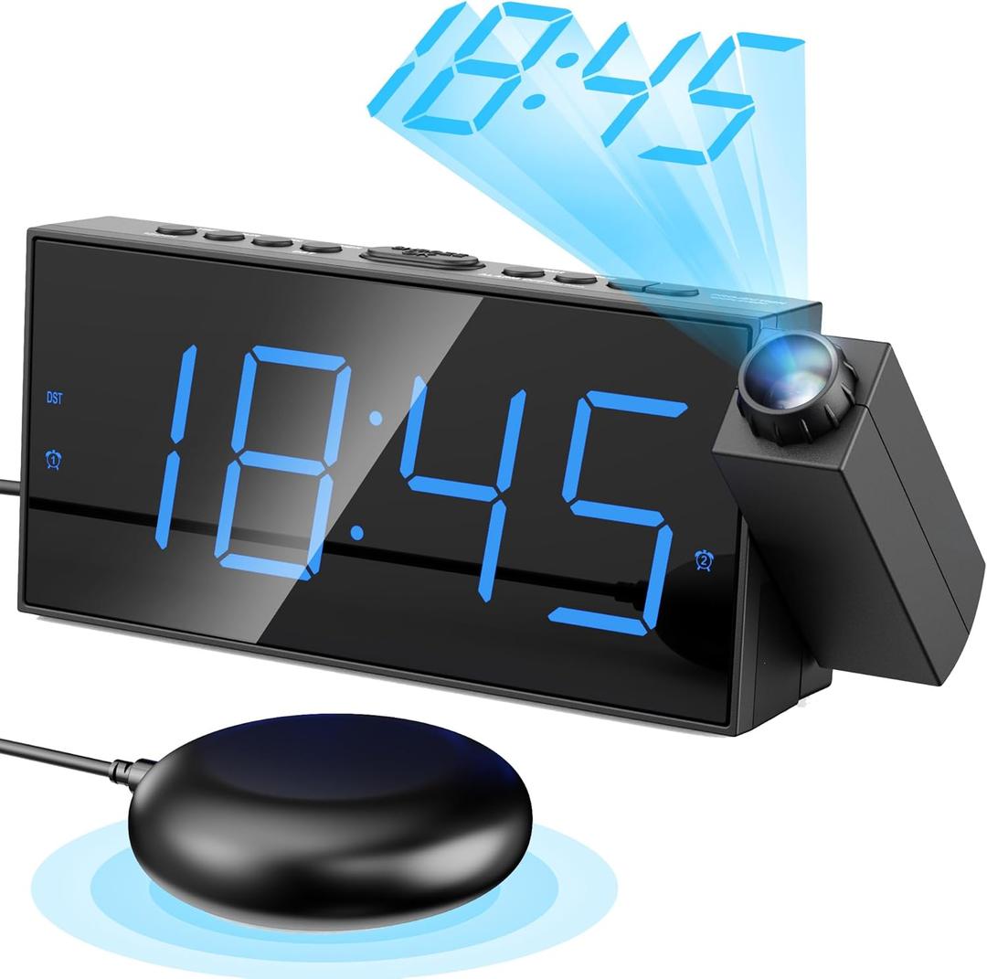 Mesqool Projection Alarm Clock, Loud Vibrating Alarm Clock for Heavy Sleepers, Adjustable Projection Brightness,Hearing Impaired & Deaf People, Digital Alarm Clock with USB Charging Port (Blue Digits, Blue Projection)