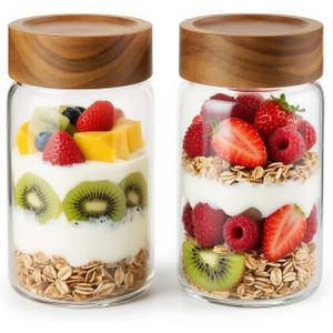 2-Piece 10 fl oz Food-Grade Glass Mason Jars with Sturdy Acacia Wood Lids, Sealable Waterproof, Transparent Easily Stackable for Spices, Seasonings & Snack Organizin