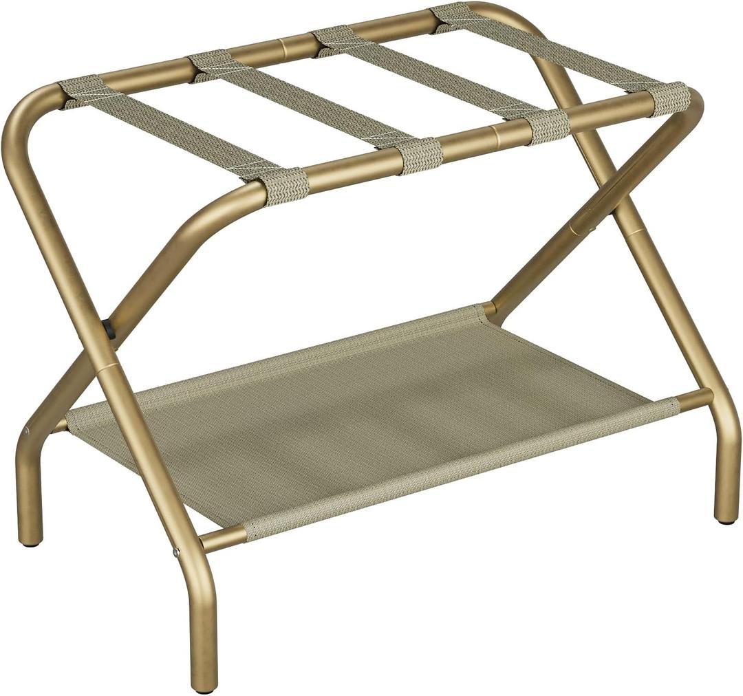 Smuxee Gold Luggage Rack, Foldable Suitcase Stand with Fabric Storage Shelf, Luggage Holder with 4 Nylon Straps for Guest Room Bedroom Hotel,  Gold 1PCS