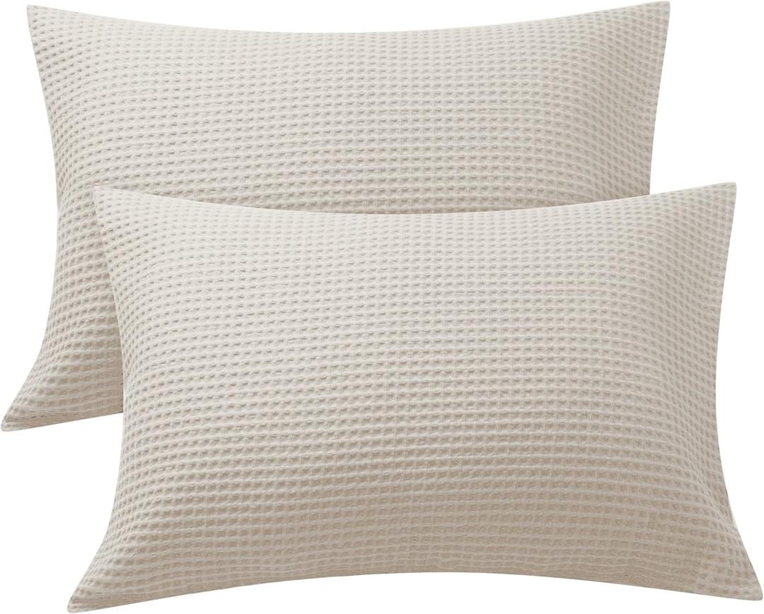Waffle Weave Pillowcases Queen Size 2 Pack, 100% Egyptian Cotton 600 Thread Count, Ultra Soft Pillow Shams with Envelope Closure, Breathable Skin-Friendly Pillow Case, Beige, 20x30 Inches