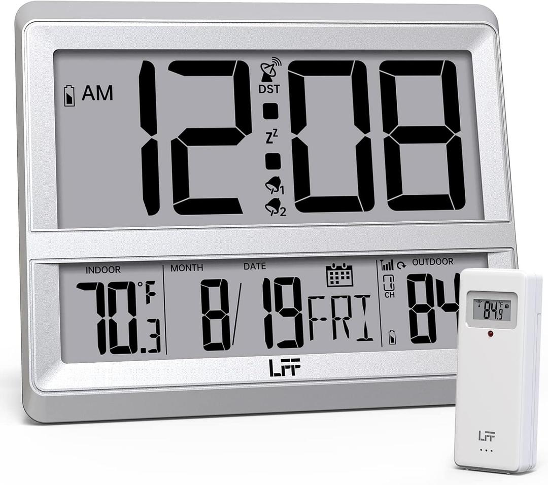 LFF Atomic Clock Large Display, Digital Wall Clock with Indoor Outdoor Temperature and Date, Wireless Outdoor Sensor, Digital Desk Alarm Clock Battery Operated for Bedroom, Easy to Read,Sliver (Silver)