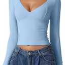 QINSEN Women's Long Sleeve V Neck T Shirts Double Lined Crop Top Seamed Cup Going Out Tops XS