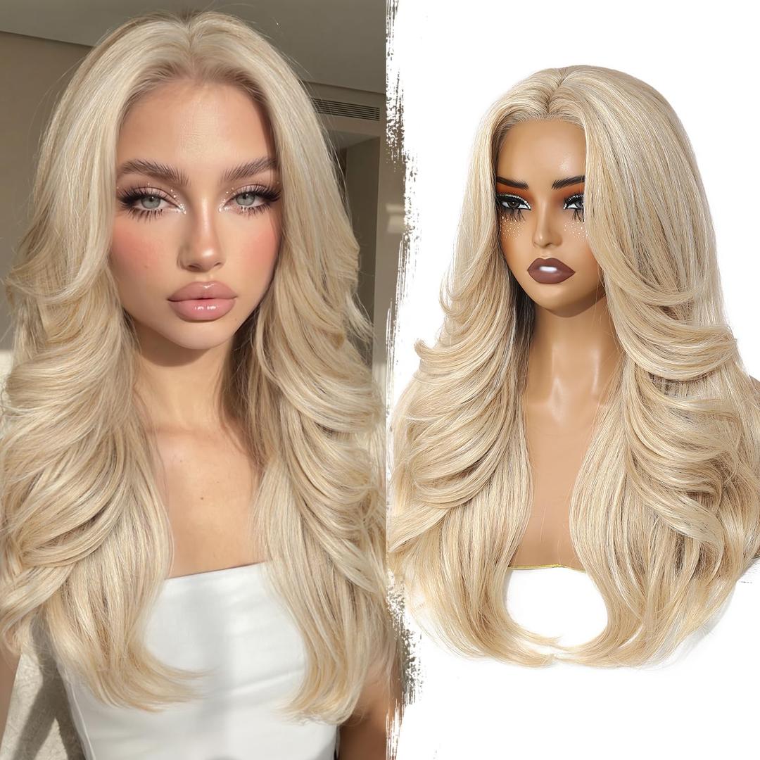 WIGER Layered Blonde Wig with Curtain Bangs Pre Cut Lace Wavy Wigs Light Yaki Glueless Synthetic Honey Blonde Mix Natural Hairline Curly Wig for Women Daily Party Costume Halloween
