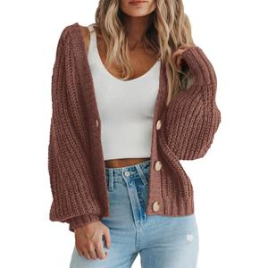 PRETTYGARDEN Women's Chunky Knit Open Front Sweater Long Sleeve Button Loose Short Cardigan Outerwear Coats, Small