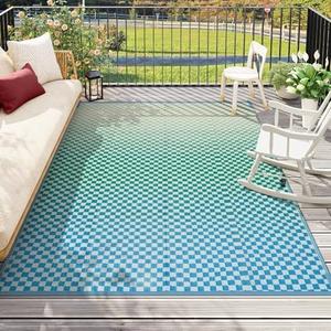 Wonnitar 9x12 Waterproof Outdoor Rugs - Blue Yellow Ombre Checkered Patios Rug, Large Reversible Plastic Straw Mat for Camping RV Balcony, Portable Colorful Outdoor Deck Rug