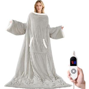 Heated Wearable Electric Blanket with Sleeves & Foot Pocket, Stripe Fleece Sherpa, 6 Heat Levels 12H Timer Setting, Over-Heat Protection, Machine Washable, 52x72 Inches Gray for Office/Home/Gift (Long)