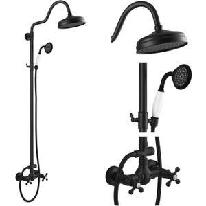 gotonovo Luxury Exposed Shower Faucet Set Bathroom Shower System 8 Inch Wall Mount Rainfall Shower Head with Handheld Spray Cross Double Handle Shower Fixture Adjustable Arc Rod Matte Black