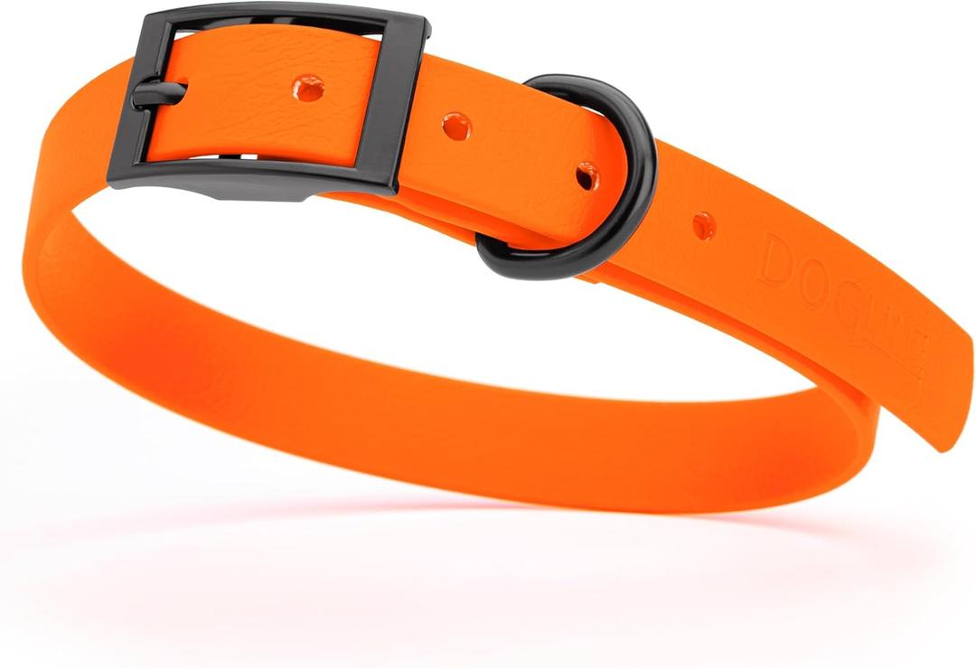 Dogline Biothane Waterproof Dog Collar Strong Coated Nylon Webbing with Black Hardware Odor- Proof for Easy Care Easy to Clean High Performance Fits Small Medium or Large Dogs, Hunter Orange (W3/4" x L15-18") Dogline Biothane Waterproof Dog Collar Strong Coated Nylon Webbing with Black Hardware Odor- Proof for Easy Care Easy to Clean High Performance Fits Small Medium or Large Dogs, Hunter Orange (W3/4" x L15-18")