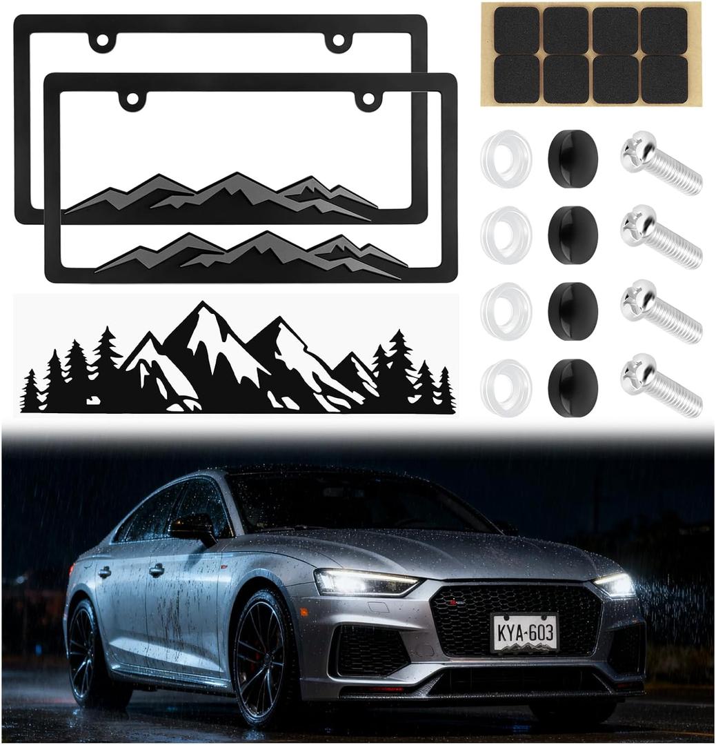 2PCS Car License Plates Frames Mountains,Raised Mountain Cars Plate Frame with Screws & Caps,Decorative Universal Cars Tag Frame as Car Accessories Include Mountain Decal