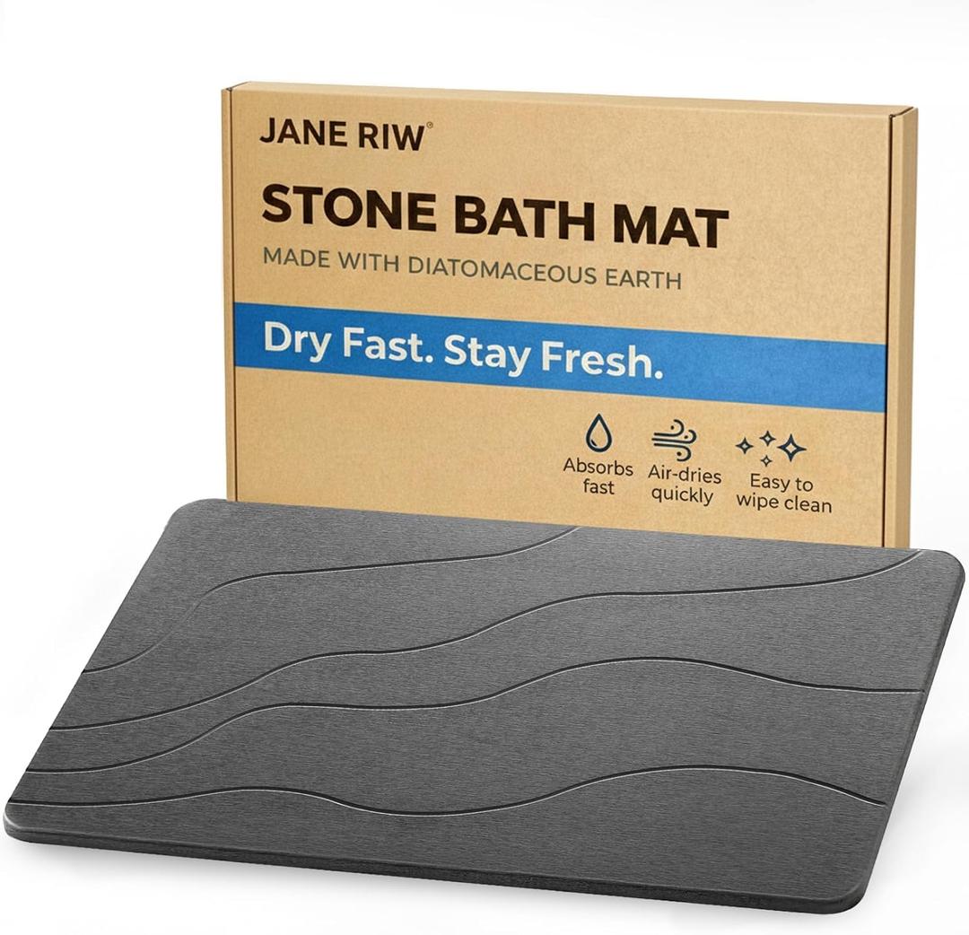 Stone Bath Mat, Quick-Dry Diatomaceous Earth Shower Mat, Absorbent Bathroom Mat for Shower/Tub Exit, New Apartment Essential & Housewarming Gift, 23.5" x 15.5" Dark Gray Wave, 1'4" x 1'11"