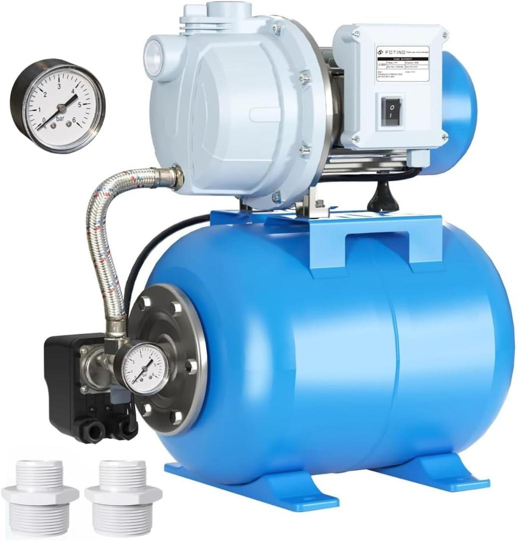 FOTING 1.5HP Shallow Well Pump with Pressure Tank, 1340GPH Irrigation Jet Pump, 115V Automatic Water Pumps Booster System 164FT for Garden Lawn Farm Home