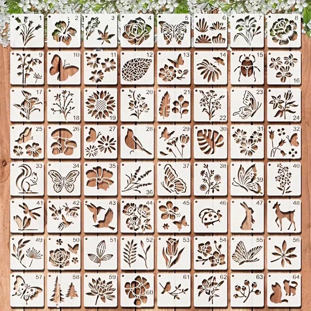 64-Pack Floral, Botanical & Butterfly Plastic Stencils 3-Inch Reusable Templates for Walls, Fabrics, Gifts & Craft Projects