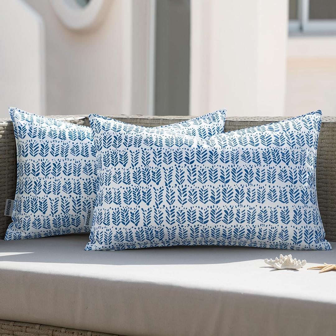 MIULEE Outdoor Set of 2 Patio Lumbar Pillows, 12x 20 Fade Resistant Outdoor Lumbar Pillow with Inserts, Fluffy Decorative Garden Waterproof Cushions for Home Patio Coach Sofa Use, Royal Blue