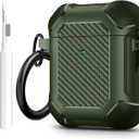 Maxjoy for Airpods Case, Carbon Fiber Secure Lock Clip Full Body Shockproof Hard Shell Protective Case Cover with Keychain for AirPod 1st and 2nd Generation Wireless Charging Case, Green