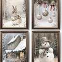XUNLURY Rustic Winter Christmas Snowman Bunny Wall Art Decor Prints Unframed Set of 4, Whimsical Holiday Rabbit Christmas Ornaments Snowy Cottage Artwork Pictures for Home Living Room, 8x10
