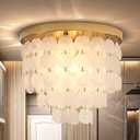 Capiz Shell Chandelier with 3 Tier Shell H12.3'' x D13.8'' Gold Metal Light Fixtures Flush Mount Chandeliers Modern Lighting Fixture for Bedroom Bathroom Office,(More Additional Shell Parts Included)