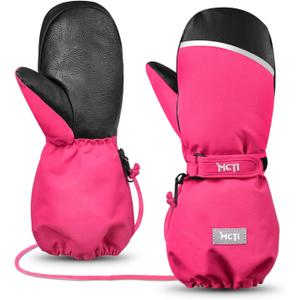 MCTi Kids Mittens Waterproof Winter Ski Warm Sherpa Lined Long Cuff with String (Black, XS)