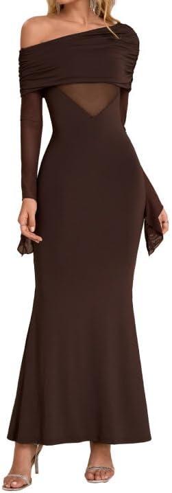 Women One Shoulder Long Sleeve Maxi Dress Bodycon Cut Out Long Formal Wedding Guest Dresses (Brown, M)