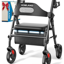 Foldable Rollator Walkers with Seat for Seniors, 8'' Big Wheels, 350 lb. Weight Capacity, Adjustable Handles and Seat Height, Lightweight Rolling Walker, Black