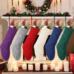 EBOOT 18 Inch Knitted Christmas Stockings Bulk Large Cable Knit Christmas Stockings Farmhouse Xmas Decorations Hanging Wall Fireplace Party Supplies (6 Pcs, White/Green/Red/Blue/Gray/Purple)