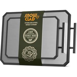 SNOWCLAD Stainless Steel Cutting Board, Double Sided Steel Cutting Board Set for kitchen, Stainless Steel/ Wheat straw pp Large for meat, Dishwasher Safe [16 * 11+12 * 8.3 Inch]