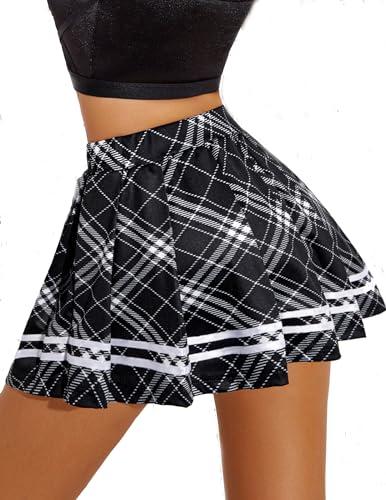 Avidlove Plaid Skirts for Women Pleated Skirt High Waist Elastic A Line Basic Skater Skirt Schoolgirl Short Mini Skirts（Black White Plaid, L）