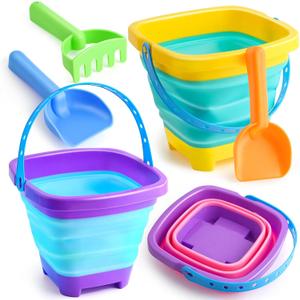 Beach Toys Collapsible Sand Toys Foldable Sand Buckets Set 6 pcs with Shovels Silicone Sand Pails for Beach, Pool, Travel, Fishing, Beach Essentials for Summer