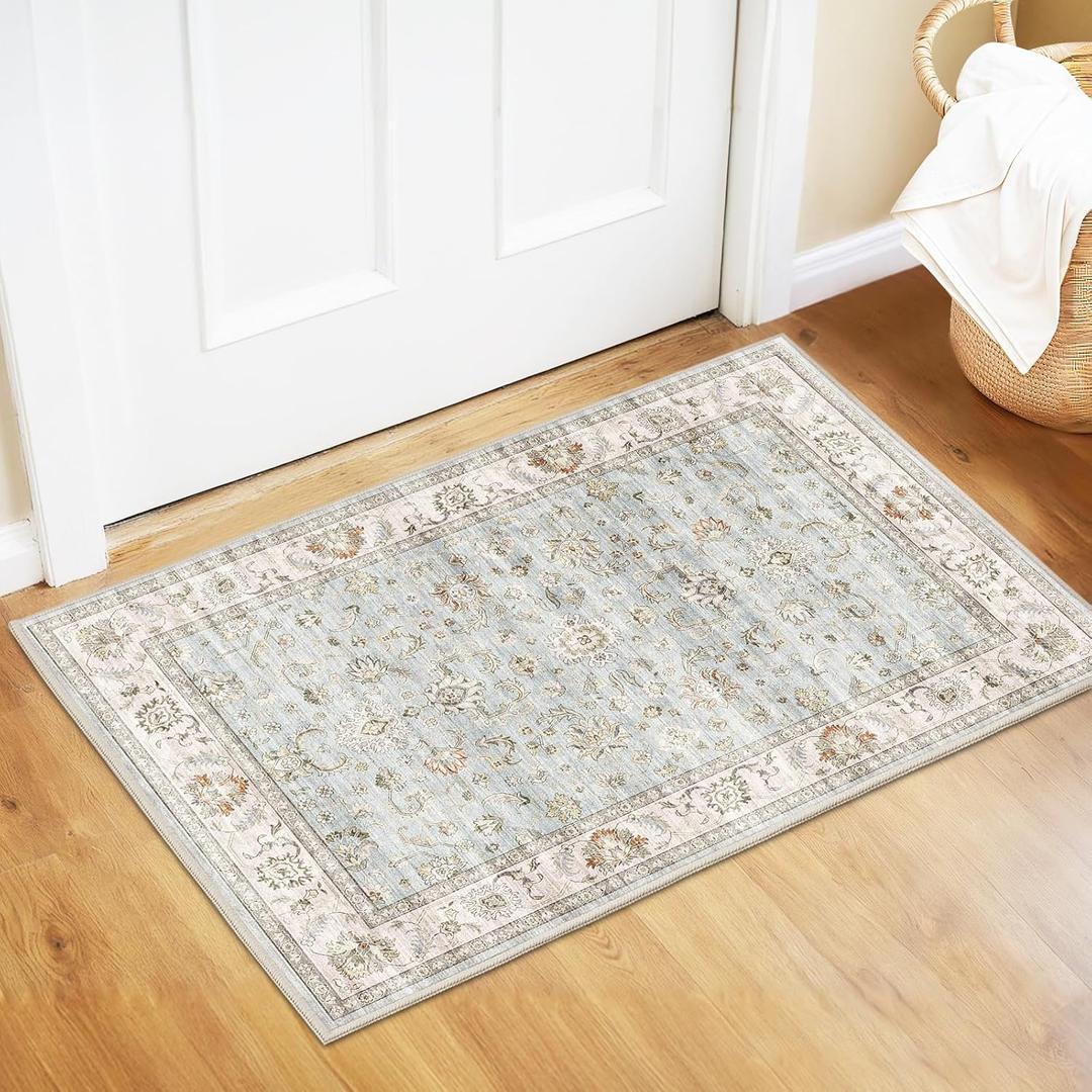 WITSHOCK 2x3 Washable Entry Area Rugs Doormat: Non Slip Rubber Backing Carpet - Low Pile for Kitchen Door Mat Indoor Entrance - Stain & Fade Resistant for Pet & Kids Friendly, Light Blue/Light Ivory/Beige
