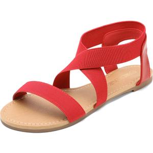 DREAM PAIRS Women's Elastic Ankle Strap Flat Sandals Summer Dressy Shoes Cute Strappy Gladiator Sandals (10, Red)