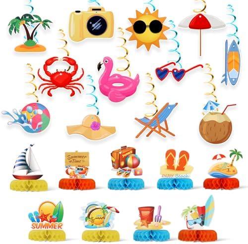 21 Pcs Summer Party Decorations, Beach Honeycomb Centerpieces, Summer Beach Hanging Decor for Beach Birthday Party and Summer Time Hawaii Party, Set of 4