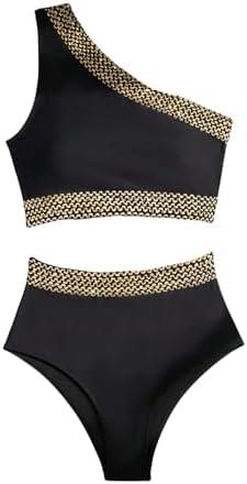 Milumia Women's Two Piece High Waisted Bikini Set Strap One Shoulder Stitch Colorblock Swimsuit, Medium