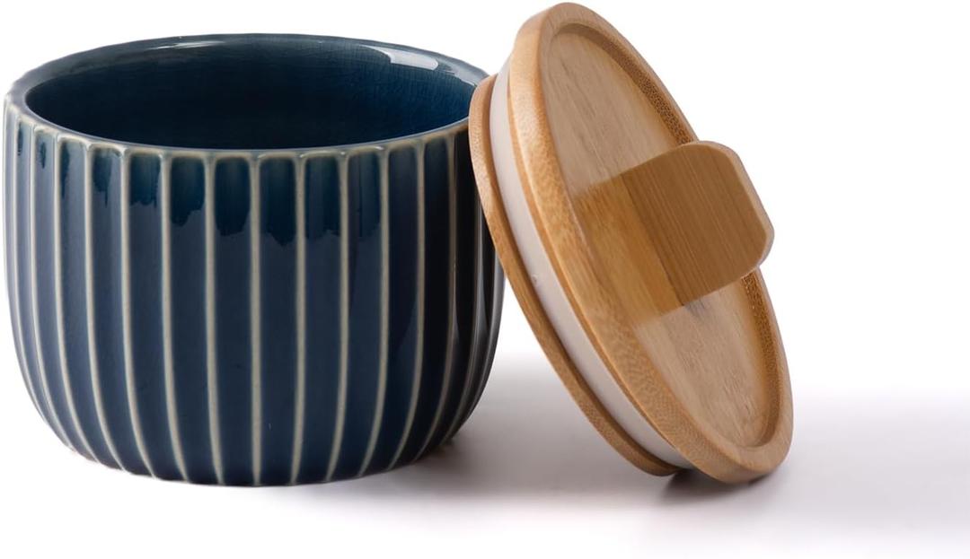 Lunavita Salt Cellar Keeper with Bamboo Lid, 14oz Big Capacity Ceramic Sugar Bowls Pepper Box, Crackle Glaze Seasoning Container Condiment Pot for Kitchen (Blue Color)