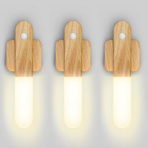 iThird Motion Sensor Light Indoor - Wireless Wall Light, lumi Light, Magnet Rechargeable Wall Sconces, Portable Night Lights, LED Lights for Closet, Bathroom (Beech 3PCS)