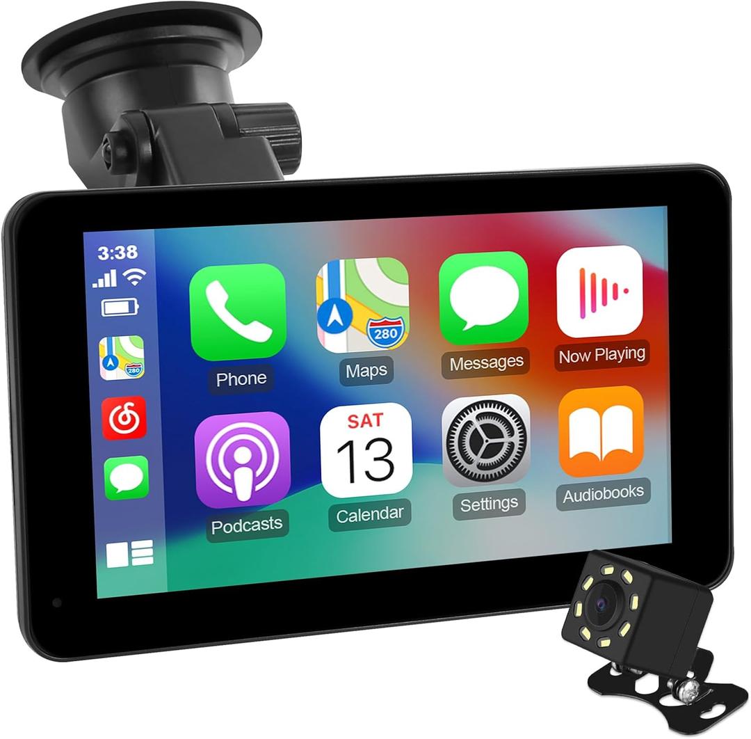 7 inch Portable Wireless Carplay Smart Touch Screen for Car, HD Touchscreen with Car Play & Android Auto Mirror Link/Bluetooth Hand Free/Navigation/Voice Control/Backup Camera for All Vehicles