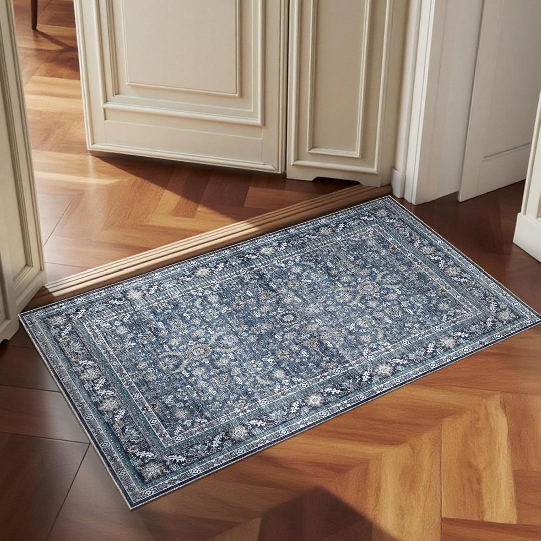 OPPODREAM Vintage Blue 2x3 Washable Rug, 2 x 3 Retro Door Mat Indoor Entrance Non Slip, Low-Pile Faux Wool Throw Carpet, Distressed Navy Floor Mat for Kitchen, Hallway, Entry-Way, Back Door