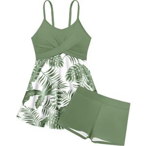 Girls Swimsuits Criss Cross Tropical Print Mesh Dress Bathing Suits with Shorts 2 Piece Tankini for Teens (11-12 Years, Green)