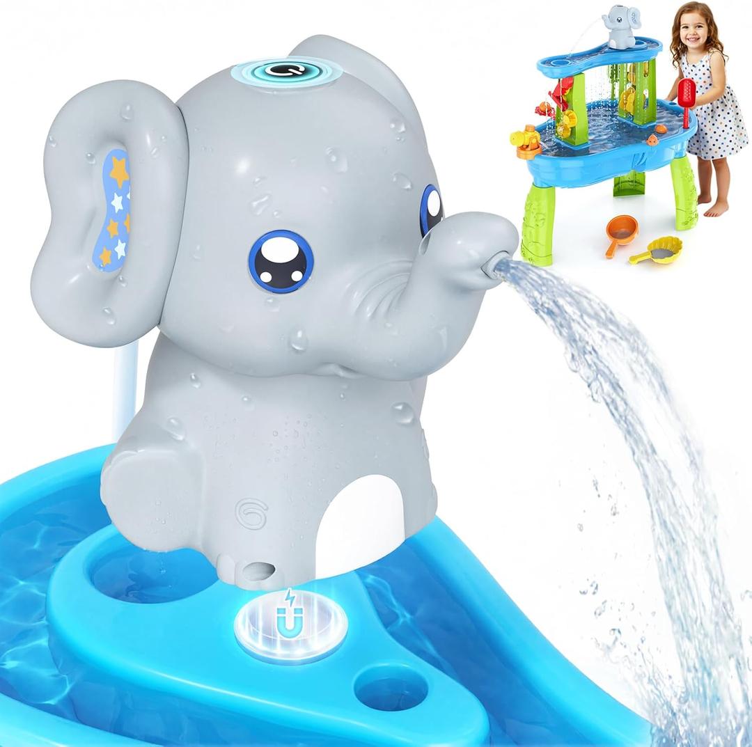 Wee Wonders Water Table Pump with Magnetic Sheet & Rechargeable, Elephant Water Pump Continuous Flow, Outdoor Sand and Water Table Toys Accessories for Toddlers, Summer Beach Toy Gifts for Kids 3-8