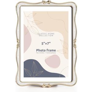 Metal Bow Picture Frame 5x7 Photo Frames with High Definition Glass Front Gift Ideas Tabletop Home Decorative, Gold & White