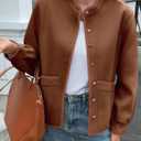 Cicy Bell Womens Button Down Bomber Jackets Puff Sleeve Cropped Pea Coats Casual Fall Color Block Outerwear (Small, Brown)