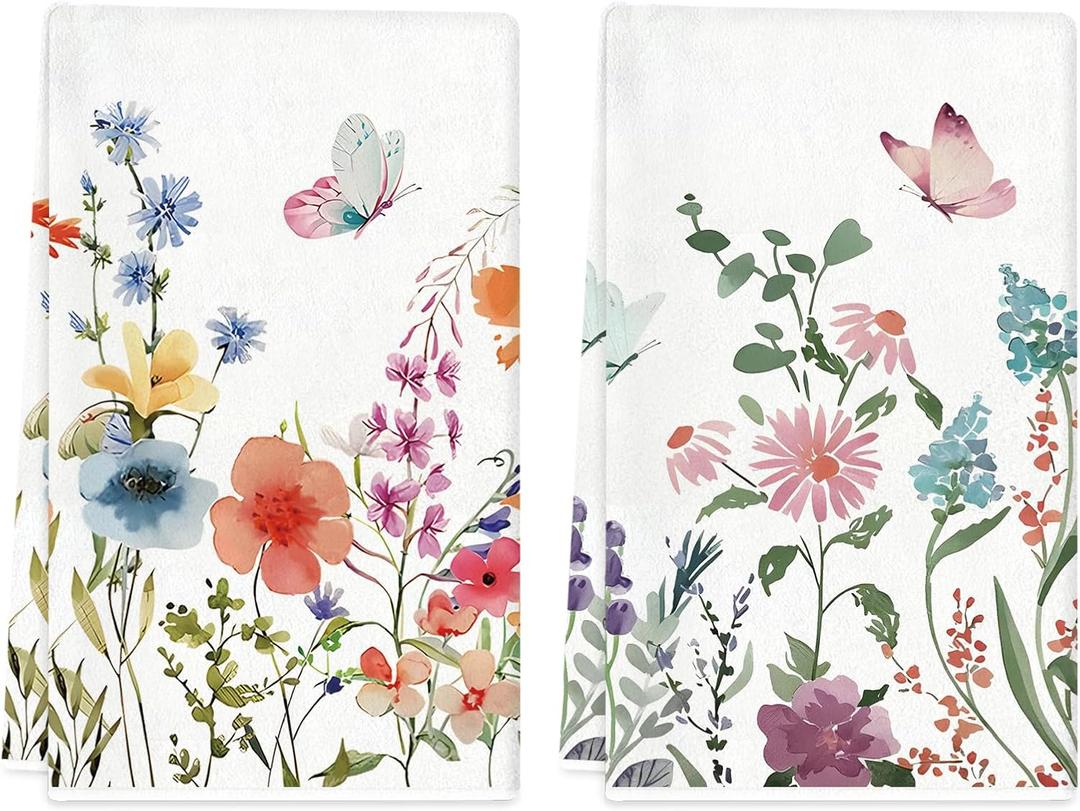 TAJWE Spring Kitchen Towels 18x26 Inch Set of 2 Watercolor Anemone Flower Butterfly Dish Towels Farmhouse Summer Holiday Wild Floral Absorbent Decorative Hand Towels for Kitchen Bathroom Decoration