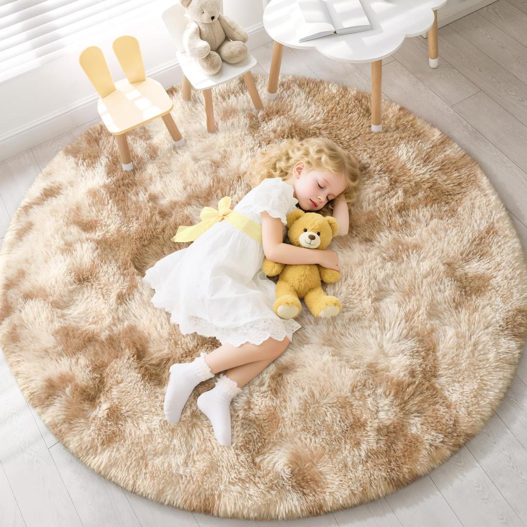 EVOIONOS Tie-Dye Camel Round Rug for Bedroom, 4x4 Ft Fluffy Soft Circle Area Rugs for Living Room, Plush Shaggy Circular Carpet for Indoor Floor Bedside Kids Nursery, Home Decor Aesthetic