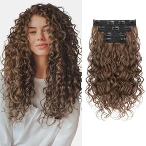 REECHO Curly Hair Extensions, 4PCS 16 inch Clip in Hair Extensions Lace Weft Short Curly Hair Extension Clip Ins Natural Hairpieces for Women, Light Caramel Brown