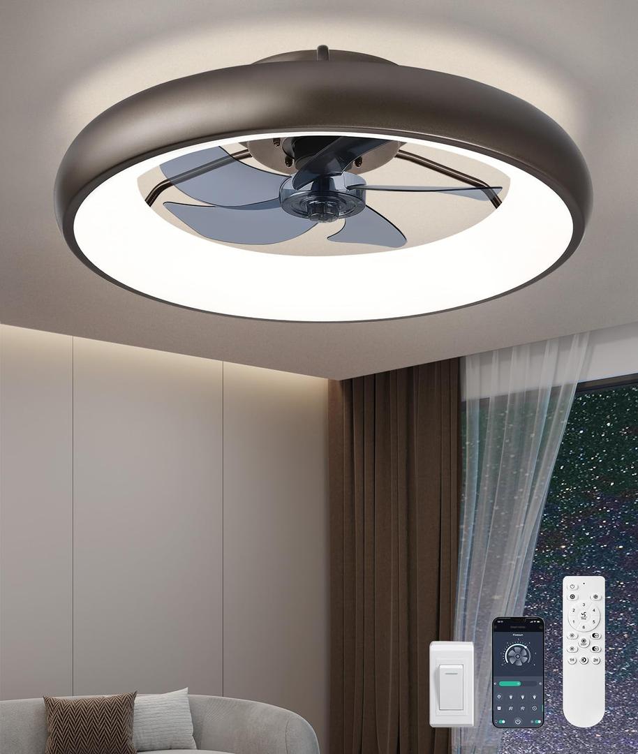 Ultra Low Profile Ceiling Fans with Lights and Remote Ultra Quiet 25 dB, 21" Modern Flush Mount LED Ceiling Fan Fandelier Ceiling Fan for Bedroom (Gold)