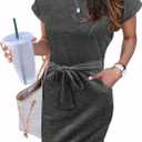 Arolina Womens Summer Short Sleeve Striped T Shirt Dress Casual Midi Dresses Crewneck Tie Waist with Pockets (XX-Large, Dark Grey)