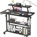 Adjustable Height Standing Desk with Power Outlets, Rolling Stand Up Desk with Monitor Stand and Storage Shelves, 31.5" Small Mobile Computer Desk, Portable Laptop Table (Black with Monitor Stand)