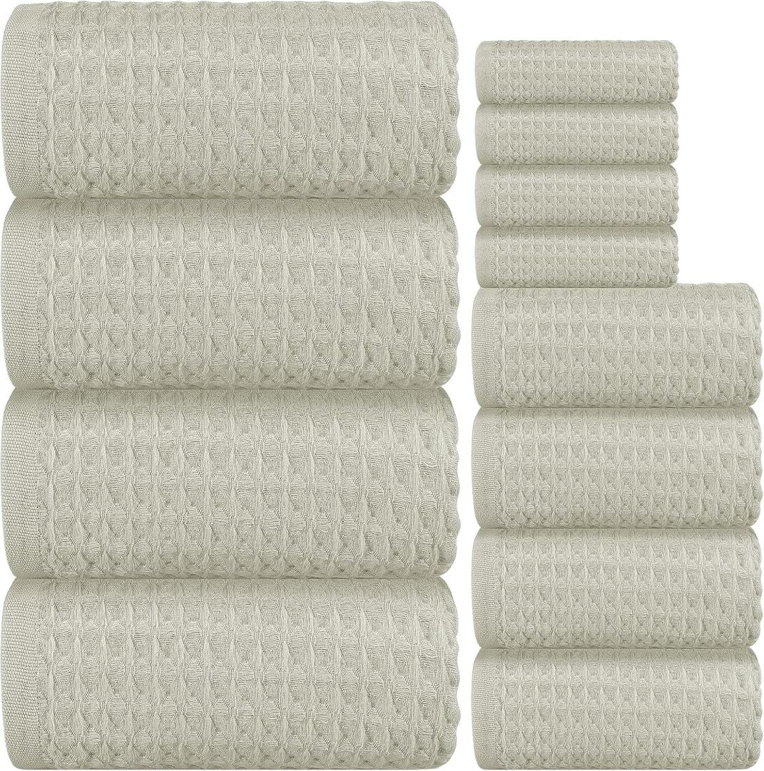 12 Piece Light Brown Waffle Bath Towel Set, 100% Cotton