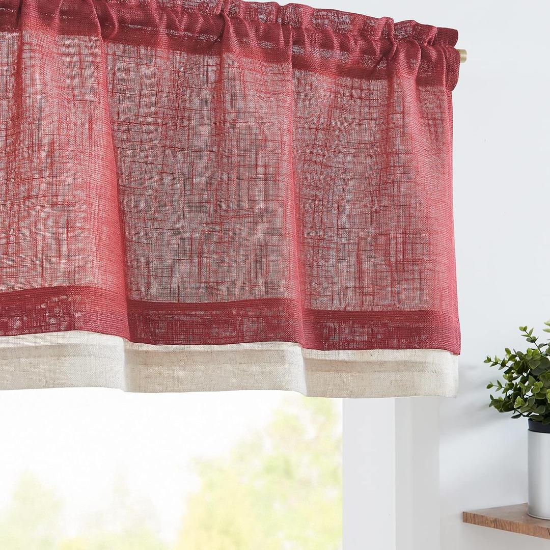 jinchan Linen Valance for Farmhouse Living Room Windows Christmas 16 Inch Slubbed Crossed Double Layer Window Valance Light Filtering Rustic Country Overlay Rod Pocket 1 Panel Burgundy