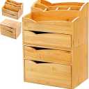Yopay 2 Pack Bamboo Desk Organizer, Stackable Desktop Organizers with 3 Drawers, Bamboo Office Tabletop, Countertop Organization for Stationery, Makeup Vanity, Fully Assembled