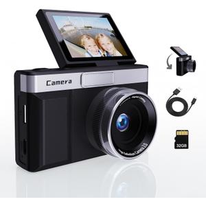Black Digital Camera with 2" Flip Screen for Selfie, 1080P Point and Shoot Digital Camera with 32GB Card, 8X Zoom, Portable Vlogging Camera for Kids, Teens & Beginners